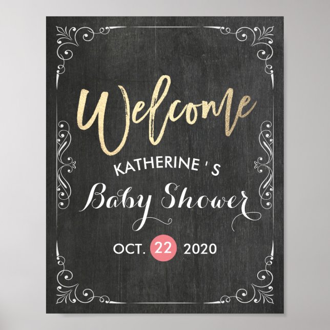 Baby Shower Welcome Black White Floral Chalkboard Poster (Front)