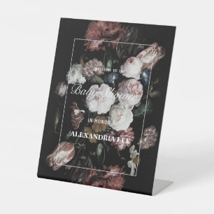 Baby Shower Welcome Dark Black Moody Floral Pedestal Sign