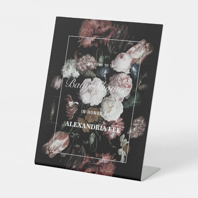 Baby Shower Welcome Dark Black Moody Floral Pedestal Sign (Front)