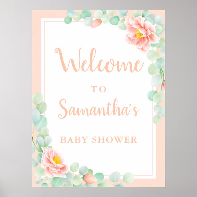 Baby Shower Welcome Eucalyptus Foliage Peony Peach Poster (Front)