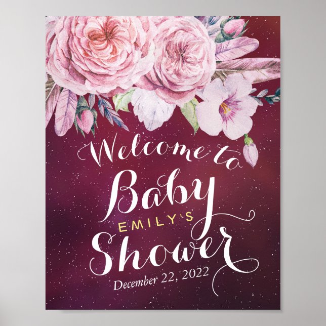 Baby Shower Welcome Floral Feathers Burgundy Red Poster (Front)