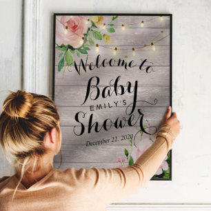 Baby Shower Welcome Floral String Lights Barn Wood Poster