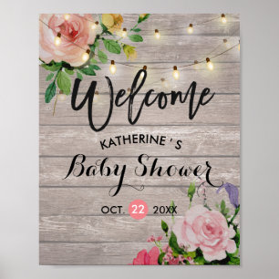 Baby Shower Welcome Floral String Lights Barn Wood Poster