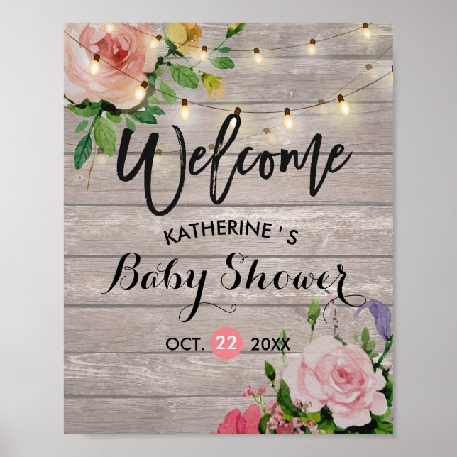 Baby Shower Welcome Floral String Lights Barn Wood Poster (Front)