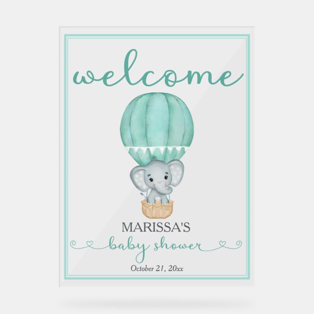 Baby Shower Welcome Green Elephant Acrylic Sign (Front)