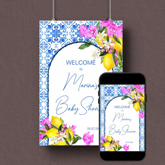 Baby Shower welcome sign Blue Tiles Lemons  (Baby Shower welcome sign Blue Tiles Lemons editable template welcome sign poster digital download)