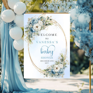 Baby Shower Welcome Sign Dusty Blue Flowers & Gold