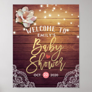 Baby Shower Welcome Sign Floral Lights Wood Lace