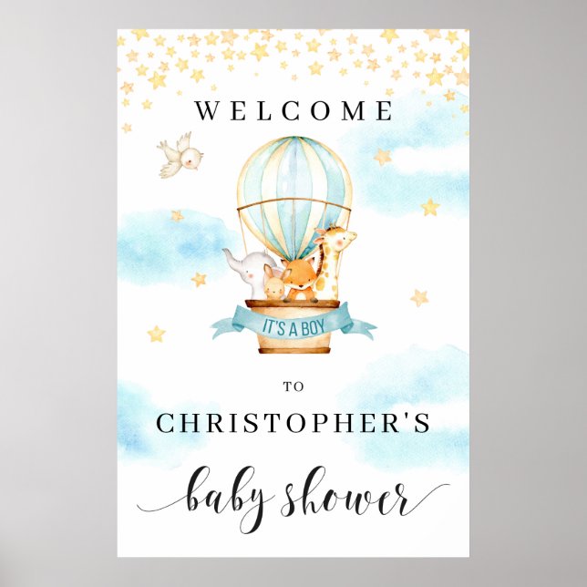 Baby Shower welcome sign hot air balloon animals (Front)