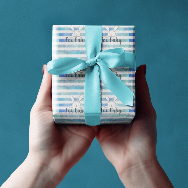 Baby Shower White Bunny Rabbit Blue Stripe Wrapping Paper (Creator Uploaded)