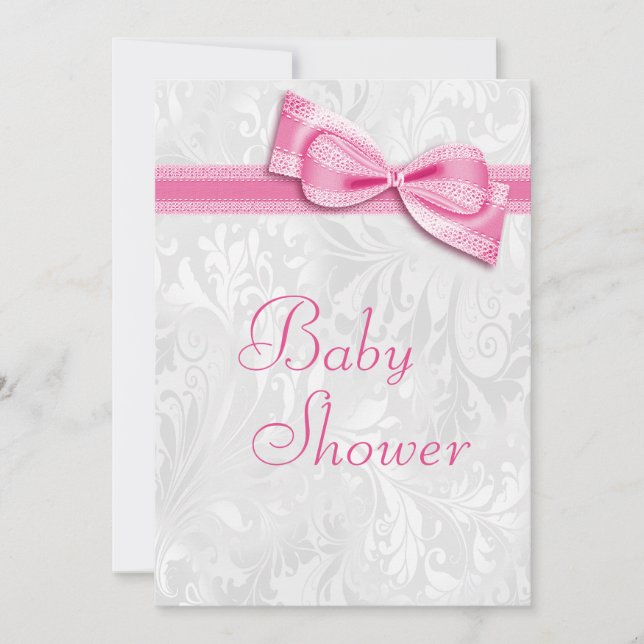 Baby Shower White Damask and Faux Pink Bow Invitation (Front)