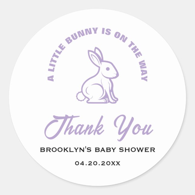 Baby Shower White Purple Easter Little Bunny Cool Classic Round Sticker (Front)
