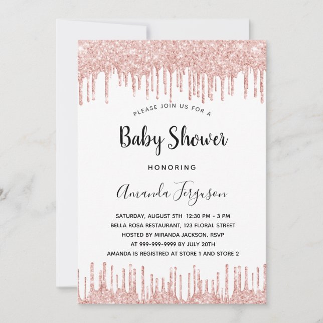Baby Shower white rose gold glitter drips girl Invitation (Front)