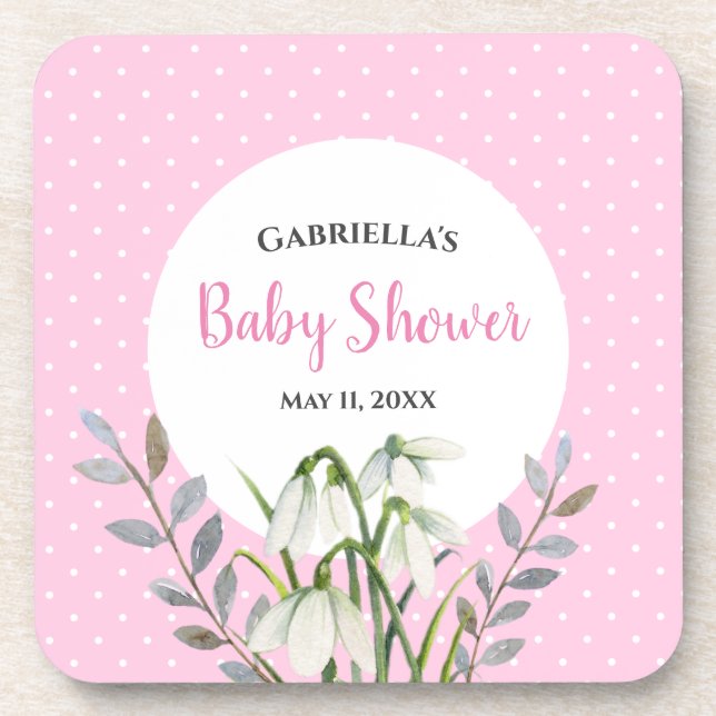 Baby Shower White Snow Drops Pink Polka Dots Coaster (Front)