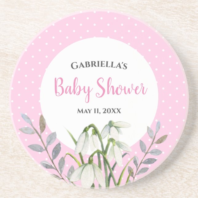 Baby Shower White Snow Drops Pink Polka Dots Coaster (Front)