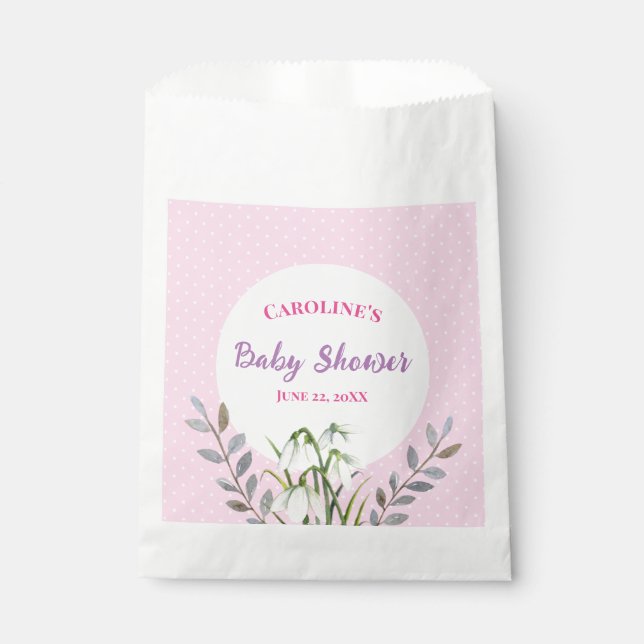 Baby Shower White Snowdrops Pink Polka Dots Favour Bag (Front)