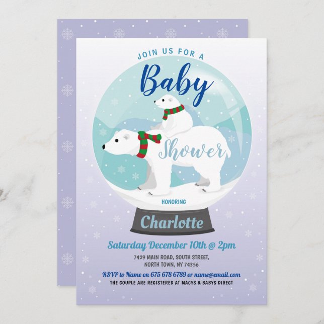 Baby Shower Winter Polar Bears Snow Globe Blue Invitation (Front/Back)
