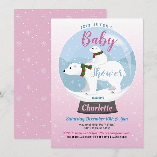 Baby Shower Winter Polar Bears Snow Globe Pink Invitation (Front/Back)