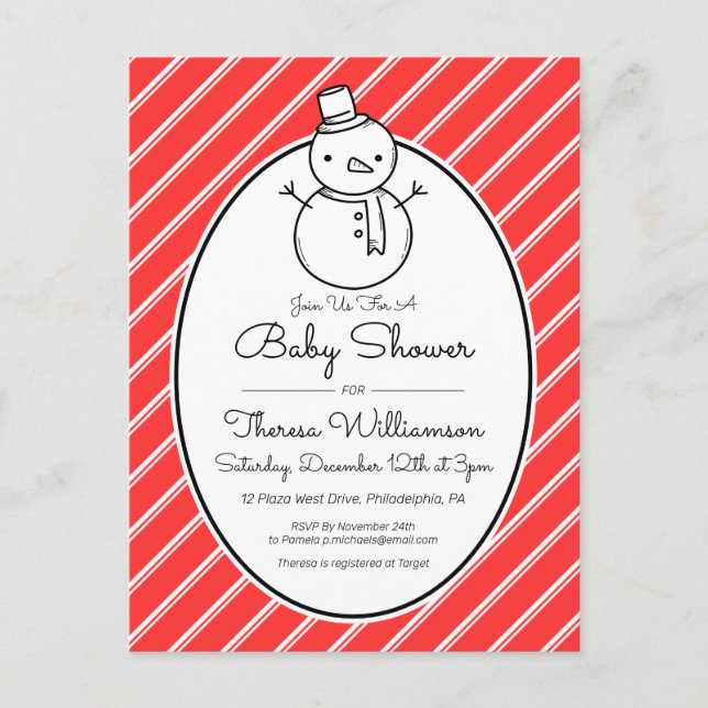 BABY SHOWER | Winter Snowman Candy Cane Postcard (Front)
