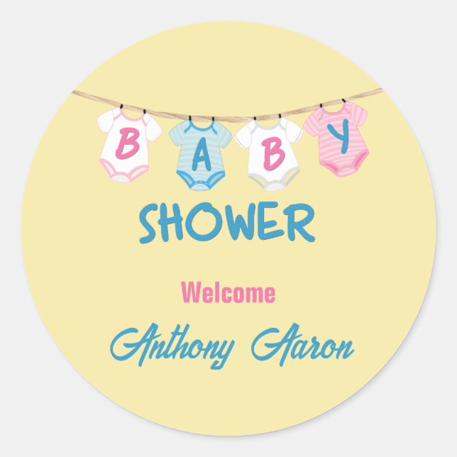 Baby Shower with Baby Clothes Personalized Classic Round Sticker (Front)