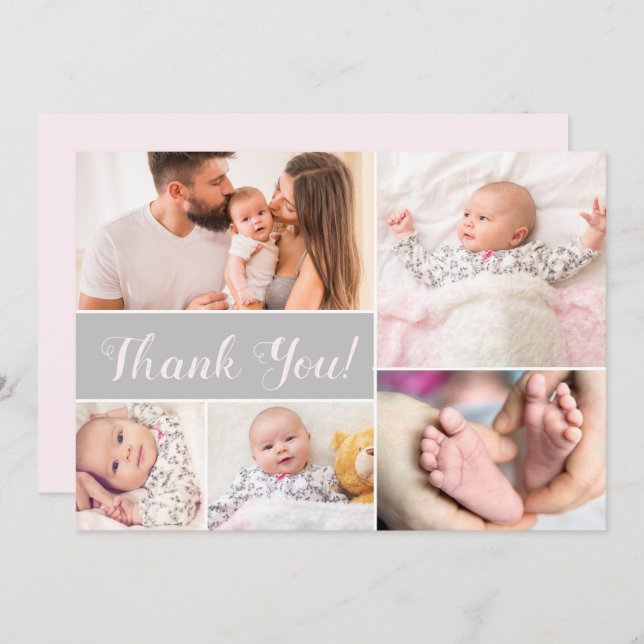 Baby shower with baby Photo Collage Pink Grey  Thank You Card (Front/Back)