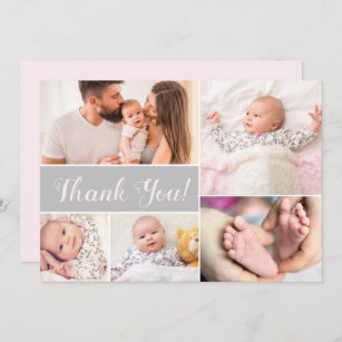 Baby shower with baby Photo Collage Pink Grey  Thank You Card