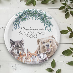 Baby Shower Woodland Animals Watercolor Foliage Paper Plate