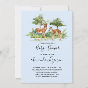 Baby shower woodland forest animals deer blue invitation