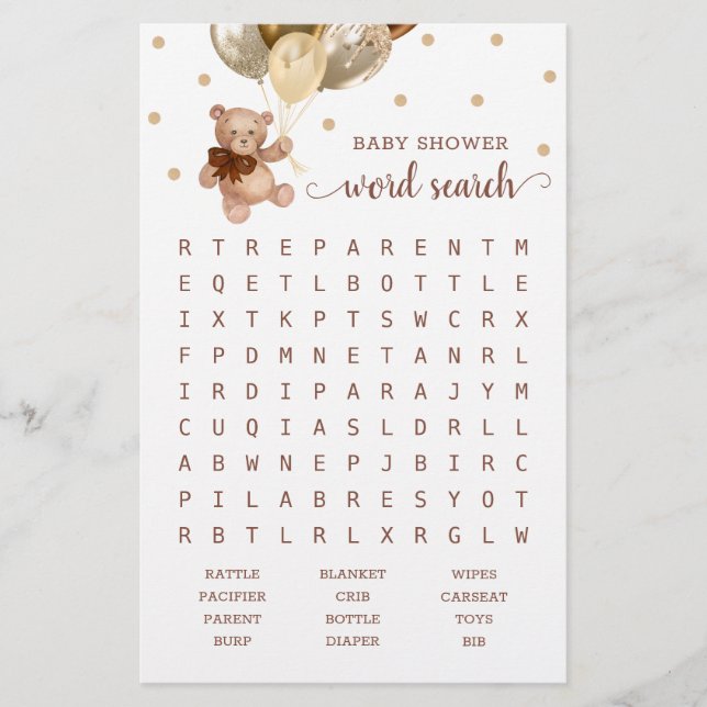 Baby Shower Word Search Game Teddy Bear Brown (Front)