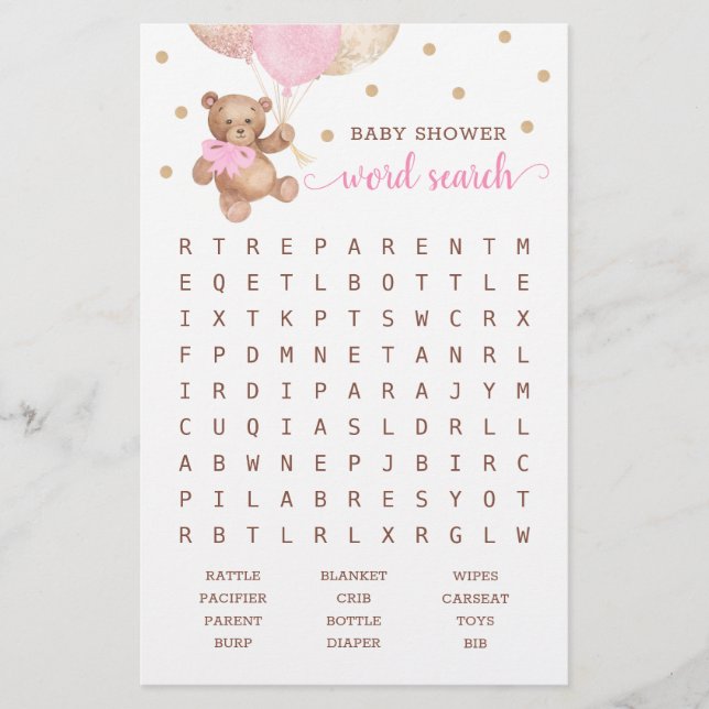 Baby Shower Word Search Game Teddy Bear Pink (Front)