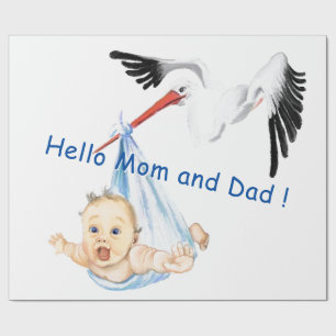 Baby Shower Wrapping Paper Stork Carrying Baby Fun