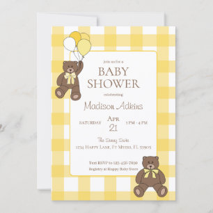 Baby Shower Yellow and White Plaid Teddy Bears Invitation