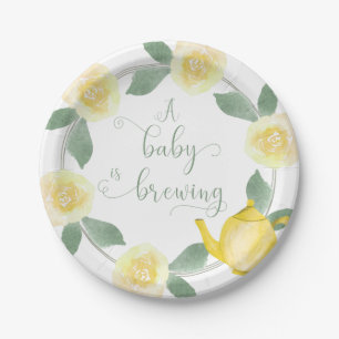 Baby Shower Yellow Floral Baby is Brewing Paper Plate