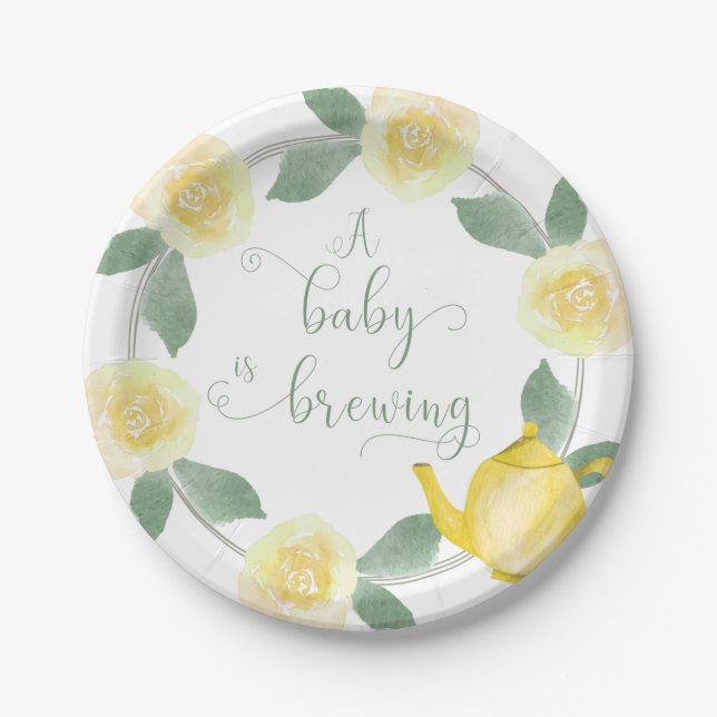 Baby Shower Yellow Floral Baby is Brewing Paper Plate (Front)