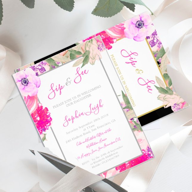 Baby Sip and See Floral Roses  Gold Pink Invitation (Creator Uploaded)
