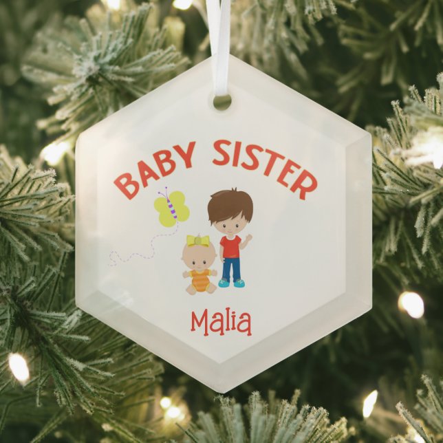 Baby Sister with Big Brother Personalised Glass Tree Decoration (Insitu)