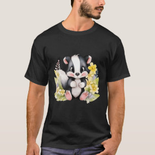 Baby Skunk Black and White Skunk Watercolor Floral T-Shirt