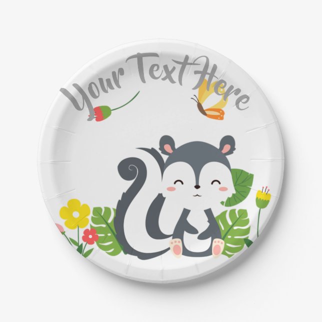 Baby Skunk, Butterfly & Flowers Paper Plate (Front)