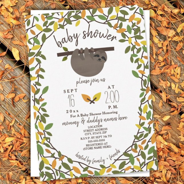 Baby Sloth Autumn Fall Baby Shower Greenery Invitation (Creator Uploaded)