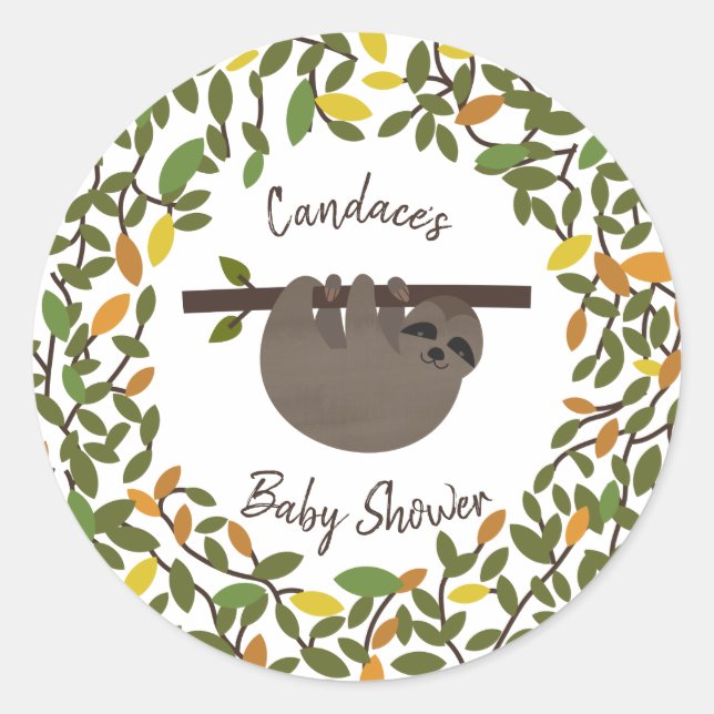 Baby Sloth Autumn Greenery Baby Shower Classic Round Sticker (Front)