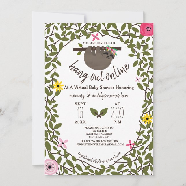 Baby Sloth Floral Virtual Online Girl Baby Shower Invitation (Front)