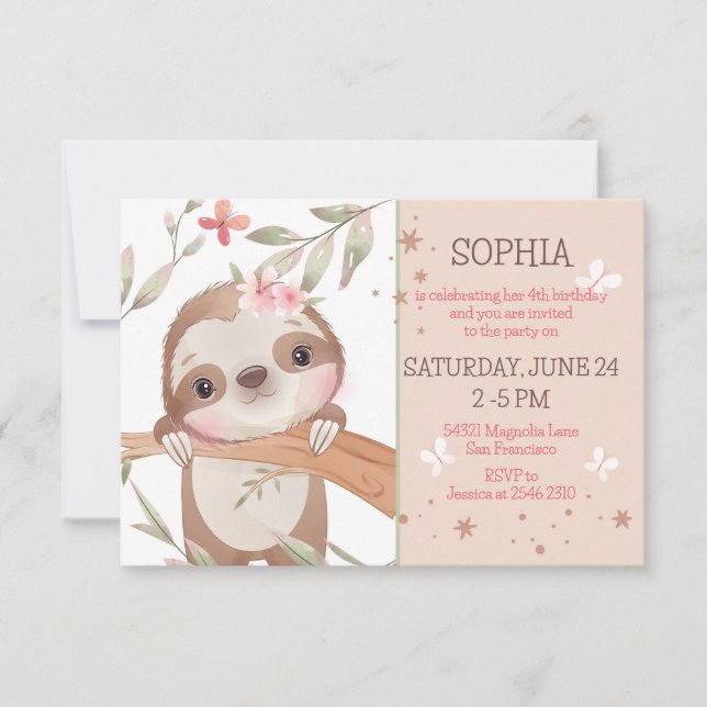 Baby Sloth on Tree Birthday Invitation (Front)