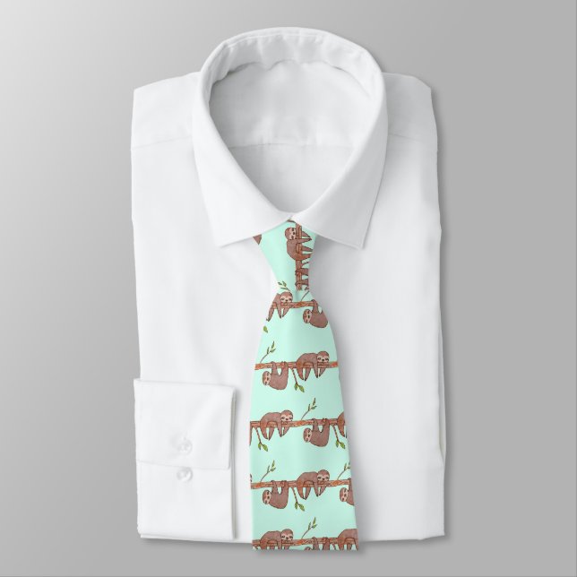 Baby Sloths hanging on Tree Pattern Tie (Tied)