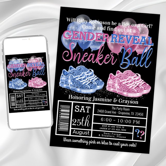 Baby Sneakers Sneaker Ball Gender Reveal Invitation (Cute sneaker gender reveal invitation. Instant download and printed invitations available.)
