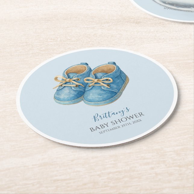 Baby Sneakers Sports Baby Shower  Round Paper Coaster (Angled)