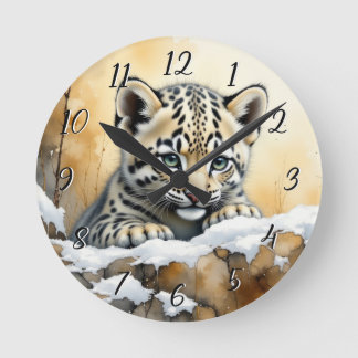 Baby Snow Leopard Round Clock