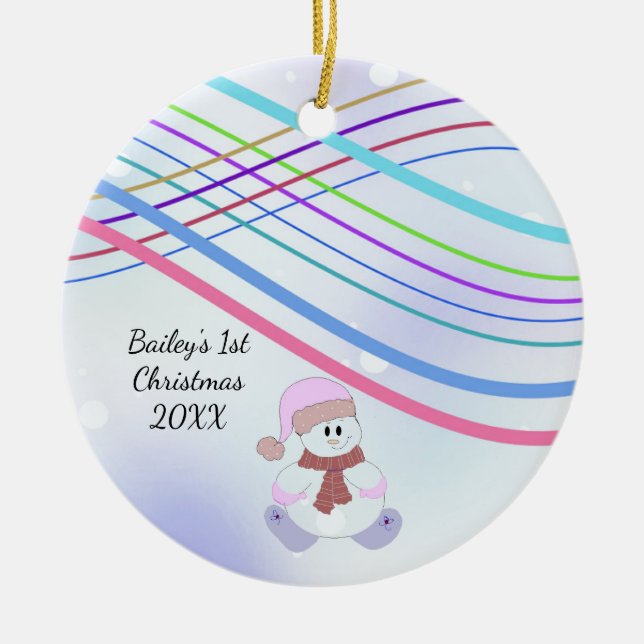 Baby Snowman Swirl First Christmas Ceramic Ornament (Front)