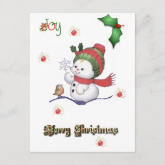 baby snowman talking to a baby bird postcard