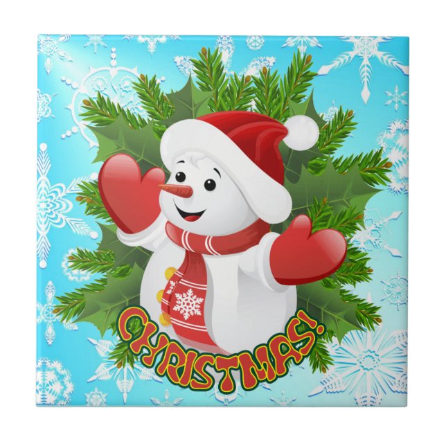 Baby Snowman with Crystal Snowflakes Ornament Ceramic Tile (Front)
