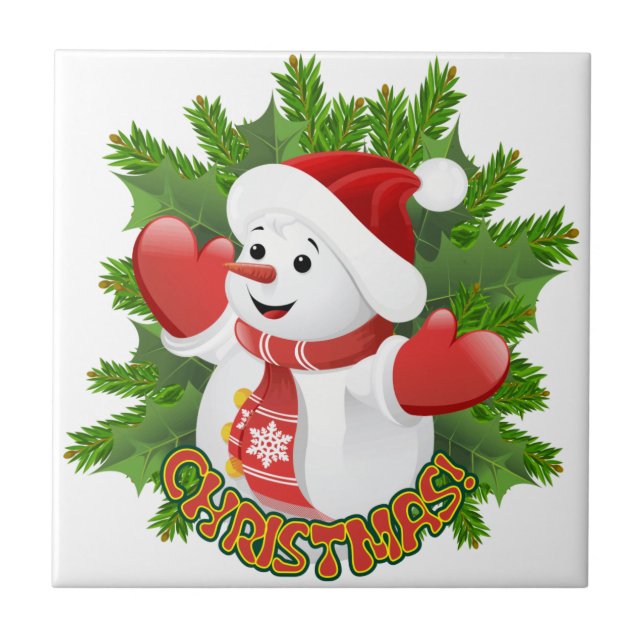Baby Snowman with Crystal Snowflakes Ornament Ceramic Tile (Front)